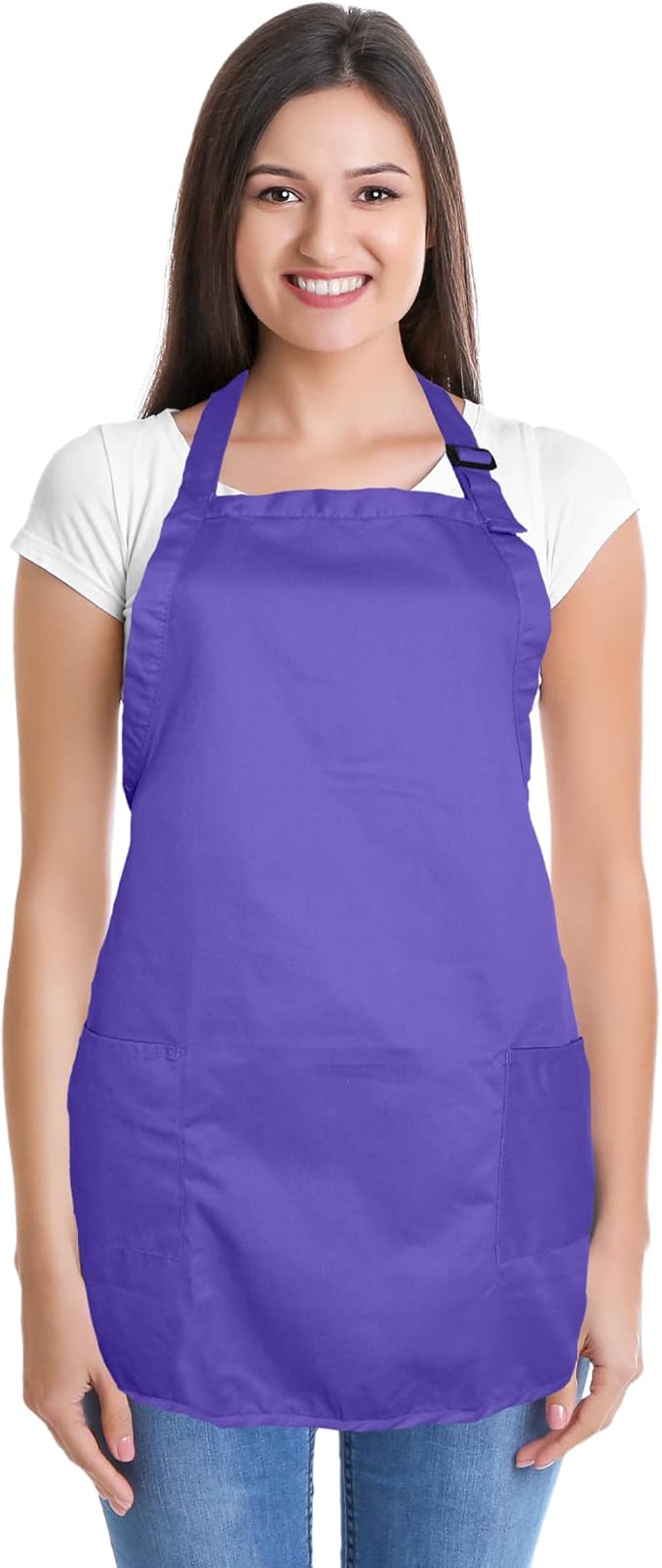 DALIX Apron Commercial Restaurant Home Bib Spun Poly Cotton Kitchen Aprons (2 Pockets) (12, Purple)