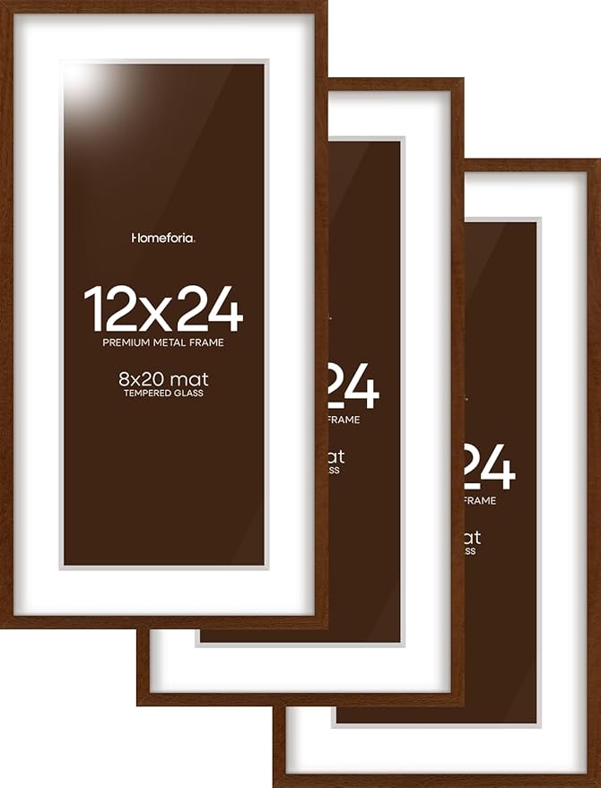 Homeforia 12x24 Picture Frame Brown, High End Dark Oak 12x24 Walnut Wood Poster Frame with Mat 8x20 Print, 12 x 24 Wooden Frame Matted to 8 x 20 Photo, 24x12 Frames, Tempered Glass, Wall Kit, Set of 3