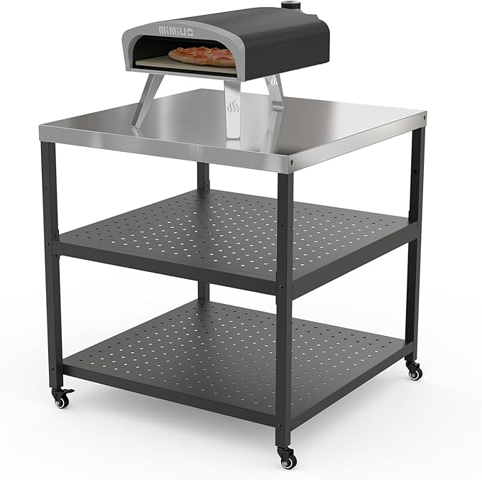 Mimiuo Grill Cart Pizza Oven Stand for Most Pizza Oven 31.5 x 31.5 x 33 inch, Large Stainless Steel Modular Table for Indoor Outdoor, Movable Food Prep Dining Trolley for Kitchen Patio Backyard