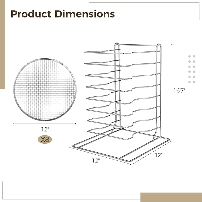 8 Tier Pizza Rack With 8 Perforated 12 Inch Perforated Pizza Pans with Holes, 16.7'' H x 12'' L x 12'' W Stainless Steel Pizza Pan Rack Holder for Buffet Table, Easy Storage Multiple Pizzas (8 Tier)