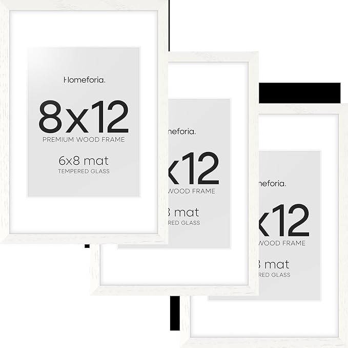 Homeforia 8x12 Picture Frame White, High End Oak 8 x 12 Wood Frames with Mat 6 by 8 Print, 8by12 Wooden Frame Matted to 6x8 inch Photo, 12x8 Wall or Tabletop Frames, Tempered Glass, Wall Kit, Set of 3