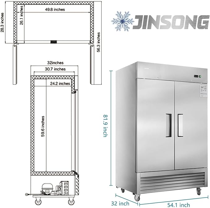 JINSONG 54" Commercial Refrigerator, 49 Cu.Ft Stainless Steel Reach-in Fridge with 2 Solid Doors, Upright Commercial Fridge for Restaurant, Bar, Shop, or Home Use