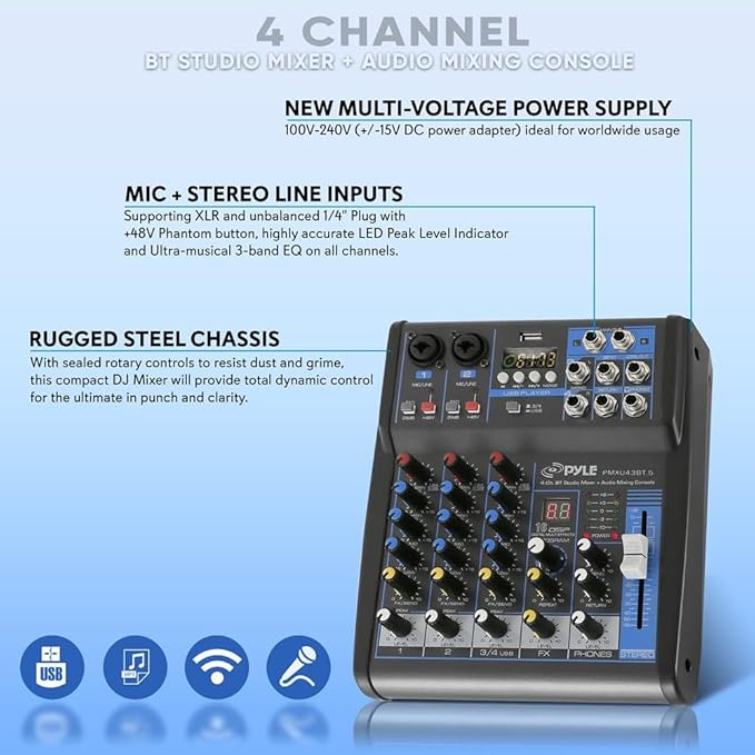 Pyle Professional Audio Mixer Sound Board Console System- Interface 4 Channel Digital USB Bluetooth MP3 Computer Input 48V Phantom Power Stereo DJ Studio Streaming FX 16-Bit DSP Processor- PMXU43BT.5