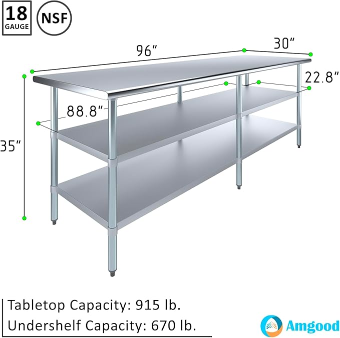 AmGood Stainless Steel Work Table with 2 Shelves | NSF | Metal Utility Table (96" Long x 30" Deep)