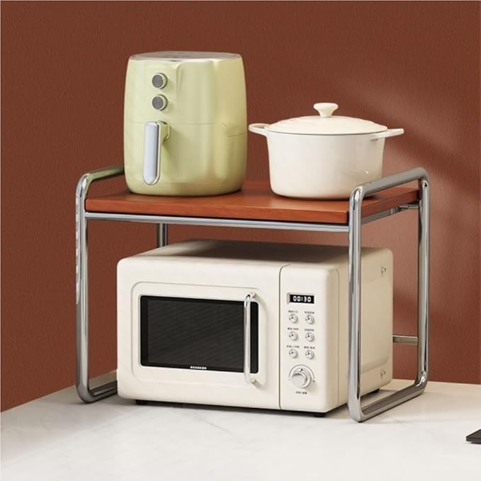 Multifunctional Microwave Stand with Storage, Solid Wood Spice Rack, Kitchen Countertop Organizer Shelf for Rice Cooker, Oven, Air Fryer and Seasoning(38.3cm/15.1in)