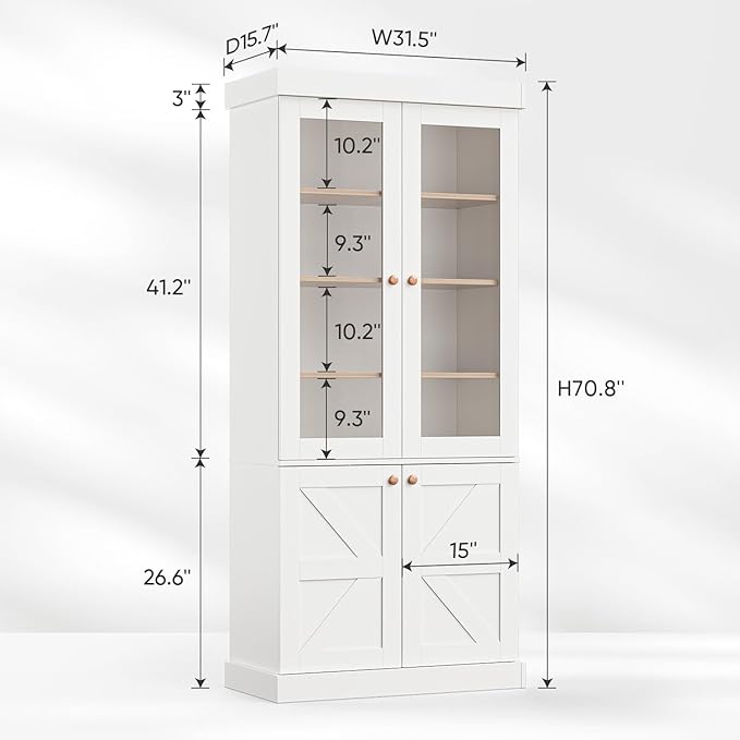 Vyre 71" Tall Farmhouse Kitchen Pantry, Set of 4 Large Storage Cabinets with Glass Doors, Adjustable Shelves, Wood Versatile Hutch Cabinet for Living Room, White
