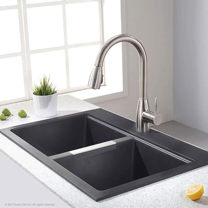 KRAUS Quarza 33-inch Drop-In/Undermount 50/50 Double Bowl Granite Kitchen Sink in Black Onyx, KGD-433B