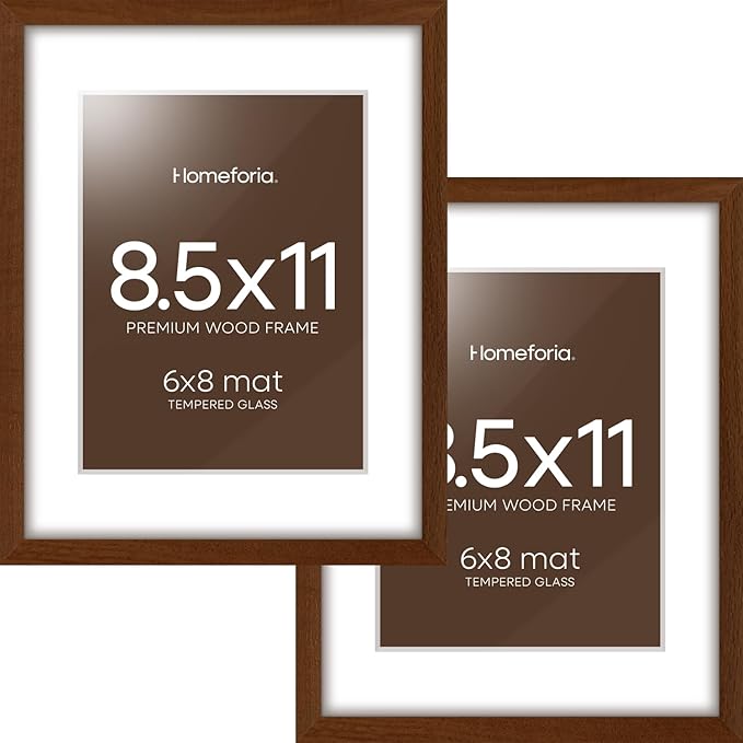 Homeforia 8.5x11 Picture Frame Brown, High End Dark Oak 8.5 x 11 Walnut Wooden Frames with Mat 6 by 8 Photo, 11x8.5 Wood Frame Matted to 6x8, Wall or Tabletop Frame, Tempered Glass, Wall Kit, Set of 2