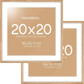 Homeforia 20x20 Wood Picture Frame, High End Natural Oak 20 x 20 Square Light Wooden Frames with Mat 16 by 16 inch Photo, 20by20 Poster Frames Matted to 16x16 Print, Tempered Glass, Wall Kit, Set of 2
