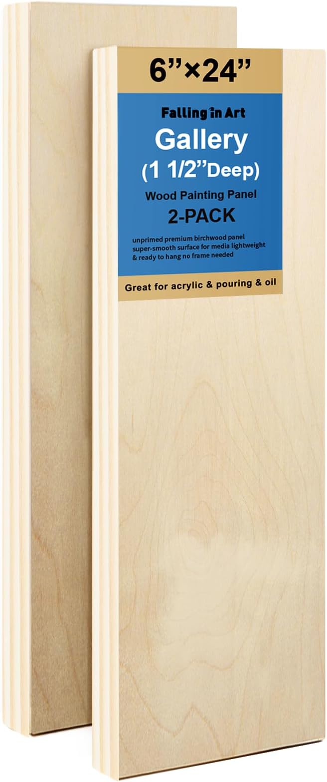 Falling in Art 2 Pack Unfinished Wooden Canvas Panels, 6x24 Gallery Birch Wood Panels Kit, 1 1/2" Deep Art Cradle Boards for Acrylic Painting, Pouring and Burning