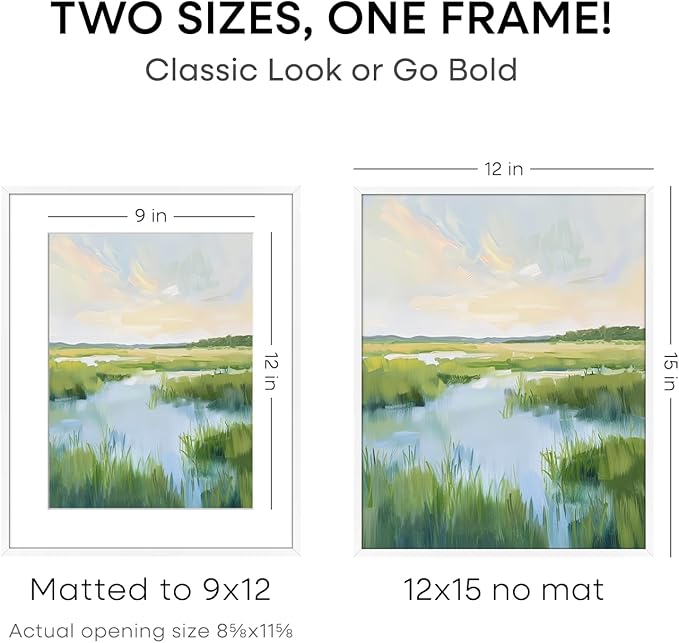 Homeforia 12x15 Picture Frame White, High End Metal 12x15 Poster Frames with Mat 9x12 for Photo, 12 x 15 White Frame Matted to 9 by 12 Print, 15x12 Thin Hanging Frame, Tempered Glass, Wall Kit, Set of 1