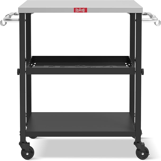3-Shelf Grill Table, Pizza Oven Stand with Shelf, Movable Pizza Oven Grill Cart, Grill for Outside, Outdoor Bar Cart with Wheels, Stainless Steel top, L26.6xW16.1 Tabletop