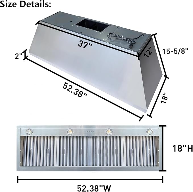 SINDA 54 Inch Built-In/Insert Range Hood, 4-Speed 1260 CFM, Stainless Steel Under Cabinet Range Hood Kitchen Vent Hood with Liner and Internal Motor, 8" Duct, Adjustable Lights, Baffle Filter