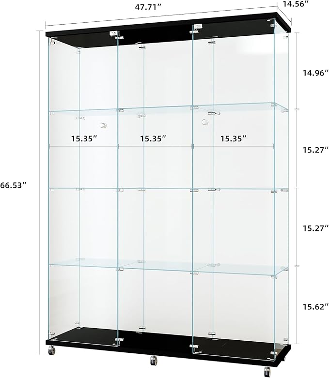 Yoluckea 4 Shelves Glass Display Cabinet Extra Large, Floor Standing Clear Glass Curio Cabinet Collection Display Case for Living Room Bedroom 66.14” x 47.64” x 14.57” Black