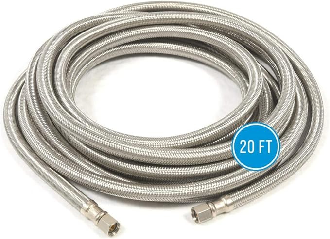 Refrigerator Icemaker Hose (20 FT) - Universal Fit to ALL Refrigerator Brands - Icemaker Water Supply Line - ¼” x ¼” Connections - SS Refrigerator Supply Hose for Ice & Water