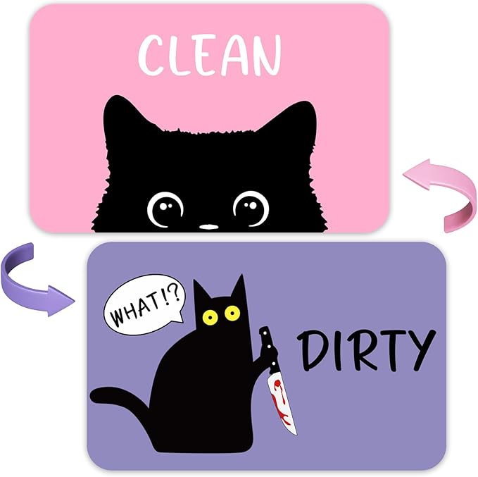 Funny Black Cat Cartoon Clean Dirty Dishwasher Magnet, Washing Machine Magnets Flip, Cute Cat Refrigerator Clean Dirty Sign, Double Sided Reversible Non Scratch Dish Washer Magnet Sign (Pink&Purple)
