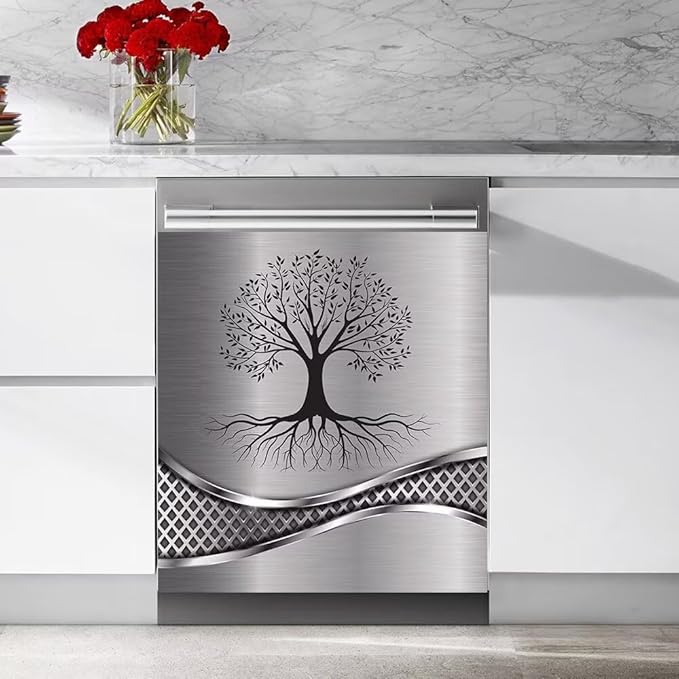 Stainless Steel Design Tree Painting Magnetic Dishwasher Cover Sticker,Kitchen Decor Magnet Cabinet Fridge Panel Decal Sticker 23W x 17H inchs