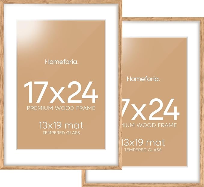 Homeforia 17x24 Picture Frame Natural Wood, High End Oak 17x24 Light Wooden Poster Frame with Mat 13x19, 17 x 24 Frames Matted to 13 x 19 Photo, 24x17 Hanging Frame, Tempered Glass, Wall Kit, Set of 2