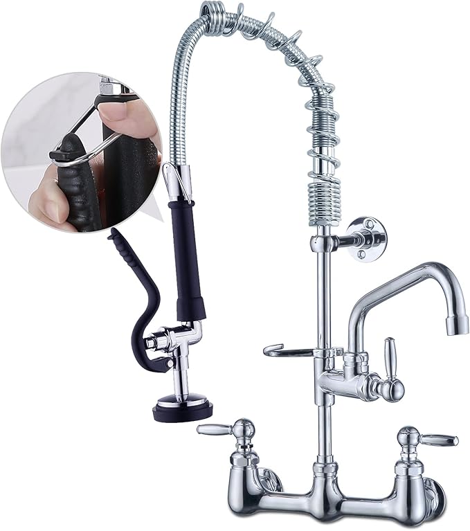 Commercial Sink Faucet with Sprayer with 8 Inch Swivel Spout 8" Center Wall Mount 3 Compartment Sink Faucet 24" Height Pre Rinse for Commercial Restaurant Kitchen, Chrome, Solid Brass