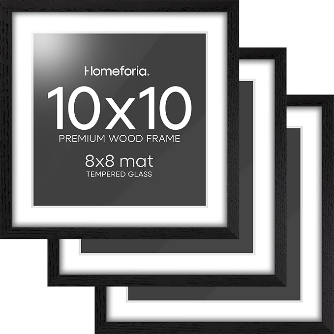 Homeforia 10x10 Picture Frame Black Wood, High-End Oak 10 x 10 Square Frames with Mat 8 by 8 Photo, 10by10 Wooden Frame Matted to 8x8 Print, Wall or Tabletop Frames, Tempered Glass, Wall Kit, Set of 3