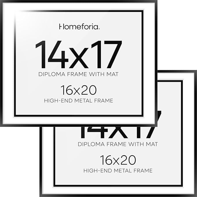 Homeforia Diploma Frame 16x20 Black, High End Metal 16 x 20 Black Certificate Frames with Mat 14 x 17, 20x16 Document Frame Matted to 14x17, Award Graduation Frames, Tempered Glass, Wall Kit, Set of 2