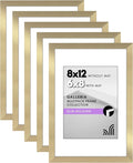 Americanflat 8x12 Picture Frame with Polished Plexiglass - Set of 5 - Use as 6x8 Frame with Mat or Display 8x12 Photo Without Mat - Galleria Collection - Picture Frames for Wall Display - Gold