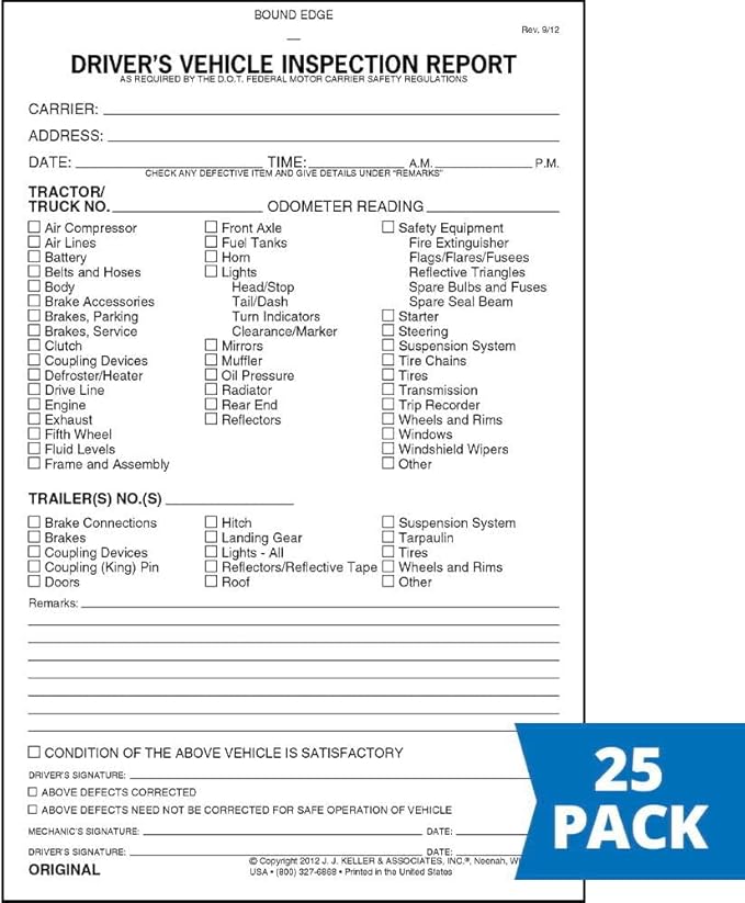 Detailed Driver's Vehicle Inspection Report 25-pk. - Book Format with 31 Sets, 2-Ply Carbonless, 5.5" x 8.5", Meet FMCSR Requirements, J. J. Keller & Associates, Inc.