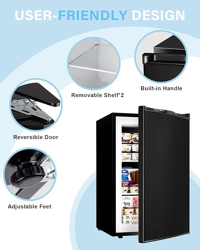 3.0 Cu.ft Upright Freezer - Compact Mini Freezer with 7 Adjustable Thermostat, Removable Shelves, Reversible Single Door, 360°Uniform Cooling Small freezer for Home Office Kitchen Dorm, Black