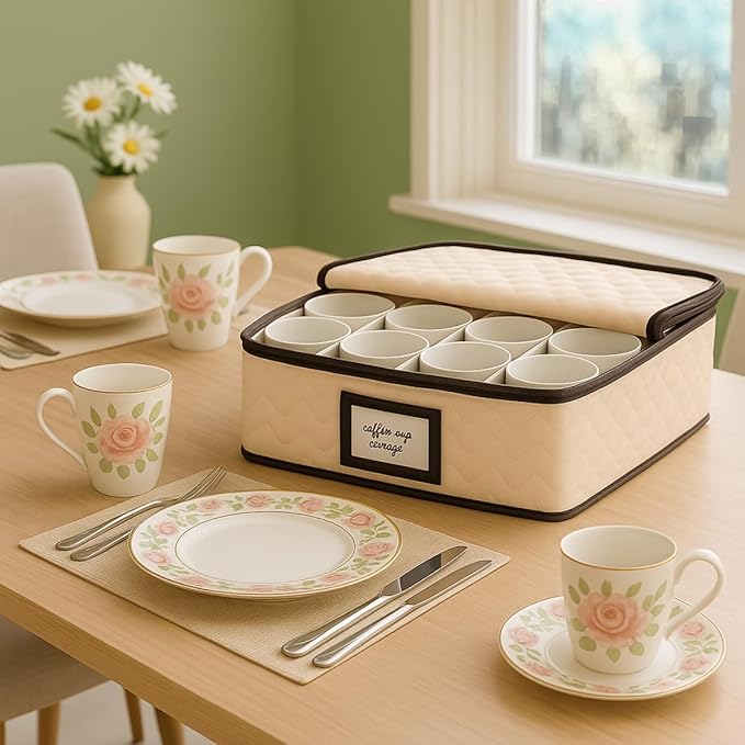 Mugs Storage Container - Quilted Microfiber China Organizer Box with Dividers , Protects & Organizes Up to 12 Mugs - Ideal for Seasonal Dishware Protection