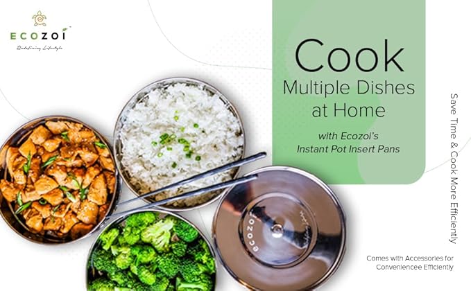 ecozoi Instant Pot Stackable Insert Pans for 6 & 8 Quart, 3 Tier Steamer Insert Pans for Instant Pot Pressure Cooker, Pot in Pot for Baking, Steaming & Casseroles, 2 Interchangeable Lids and Sling