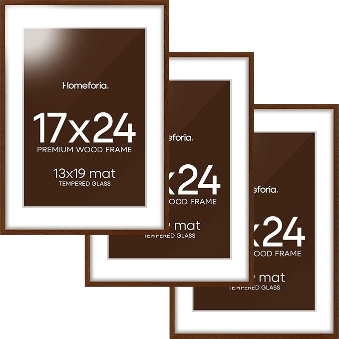 Homeforia 17x24 Picture Frame Brown, High End Dark Oak 17x24 Poster Wood Frame with Mat 13x19 for Photo, 17 x 24 Wooden Walnut Frame Matted to 13 x 19, 24x17 Frames, Tempered Glass, Wall Kit, Set of 3