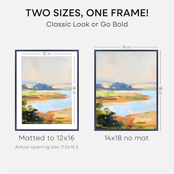 Homeforia 14x18 Picture Frame Navy Blue, High End Metal 14x18 Poster Frames with Mat 12x16 Photo, 14 x 18 Navy Blue Frame Matted to 12 by 16 Print, 18x14 Thin Frame, Tempered Glass, Wall Kit, Set of 1