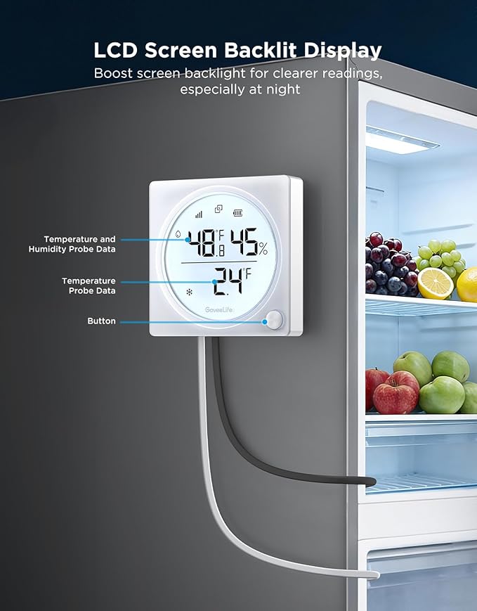 GoveeLife Upgraded WiFi Freezer Temperature Pro with Alarm, Wireless Digital Refrigerator Thermometer Hygrometer with App Email Notification, LCD Display, Free Data Export, for Fridge Kitchen Farming