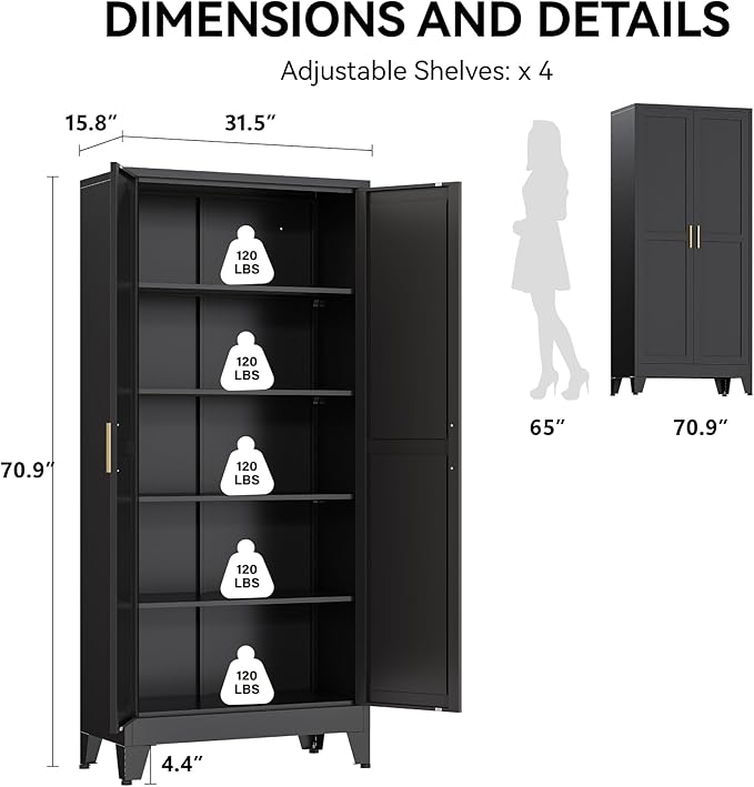 COFaR 71" Modern Pantry Cabinet in Black, 5-Tier Storage Cabinet with Adjustable Shelves, Industrial Steel Cupboard for Kitchen, Office & Living Room Organization
