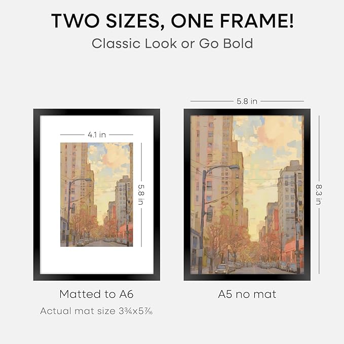 Homeforia A5 Picture Frame Black, High End Metal 5.8x8.3 Frames Matted to 4.1x5.8 Print, A5 Photo Frame with Mat A6, 5.8 x 8.3 Poster Frame, 8.3x5.8 Display Frames, Tempered Glass, Wall Kit, Set of 4