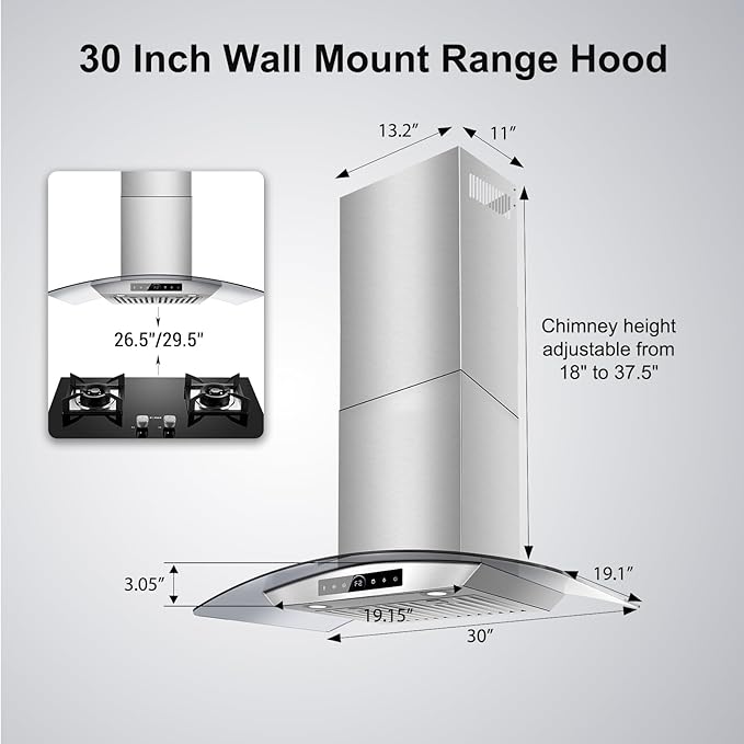 30 inch Range Hood Wall Mount, 1200 CFM with 4-Speed Gesture Sensing & Touch Control, Stainless Steel Ducted Kitchen Stove Vent Hoods with 2 LED Lights, Time Setting, Dishwasher-Safe Baffle Filters