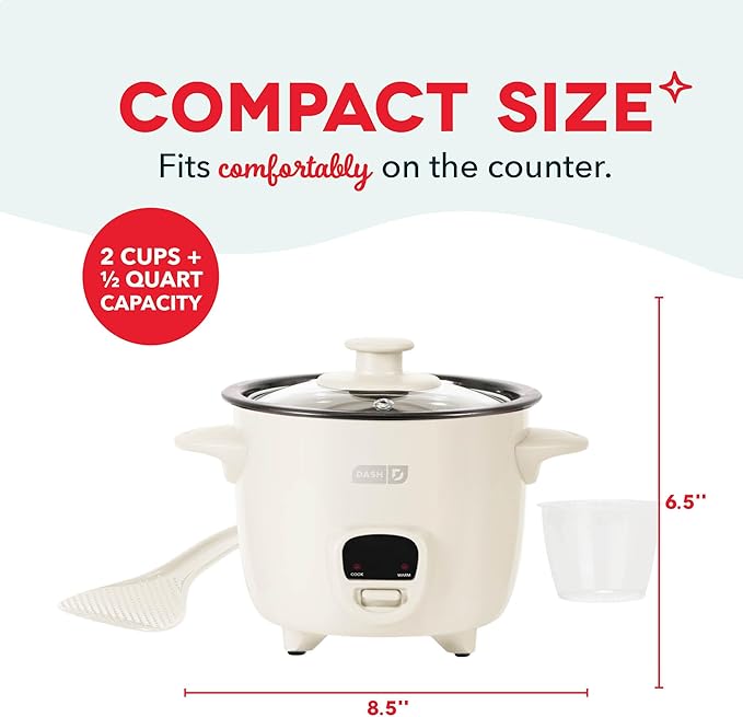 Dash Mini Rice Cooker Steamer with Removable Nonstick Pot, Keep Warm Function & Recipe Guide, 2 cups, for Soups, Stews, Grains & Oatmeal - Cream