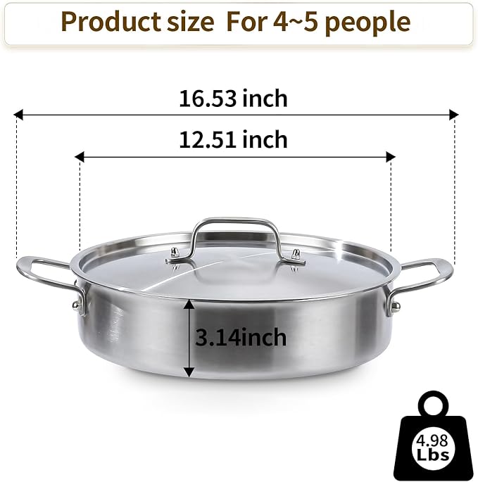 DELARLO Tri-Ply Stainless Steel 6 Quart Braiser Pan with Lid Induction Rondeau Pot With Lid 12inch Deep Frying Pan Large Saute Pan Heavy Duty Style Compatible With All Cooktops Up to 650℉