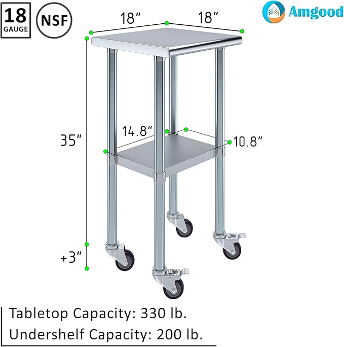 AmGood 18" Long x 18" Deep Stainless Steel Table with Casters