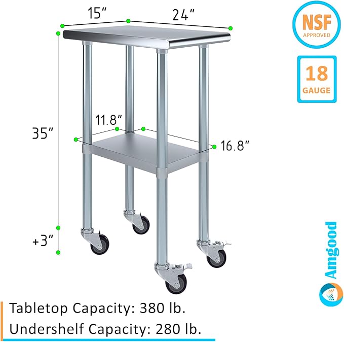AmGood 15" Long x 24" Deep Stainless Steel Table with Casters