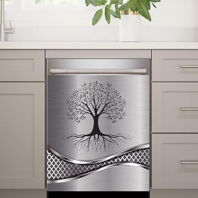 Stainless Steel Design Tree Painting Magnetic Dishwasher Cover Sticker,Kitchen Decor Magnet Cabinet Fridge Panel Decal Sticker 23W x 17H inchs
