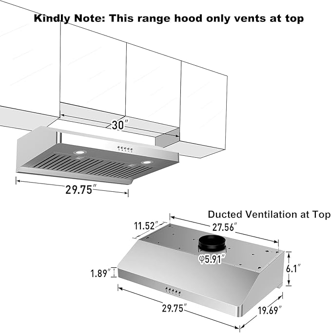 Range Hood 30inch Under Cabinet, 900CFM Kitchen Vent Hood with Permanent Stainless Steel Filters