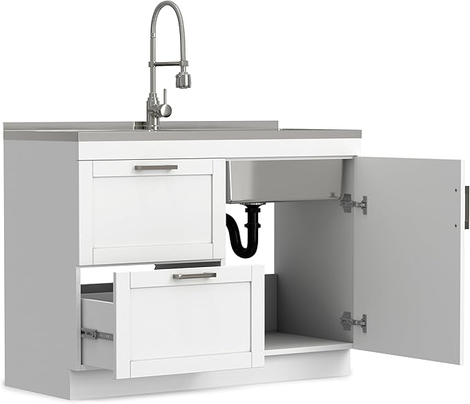 SIMPLIHOME Hennessy All-in-One 46 inch Wide Utility Sink and Laundry Cabinet in Pure White Finish, Transitional Stainless Steel Dual Sink Cabinet for Laundry Rooms with High-Arch Chrome Faucet