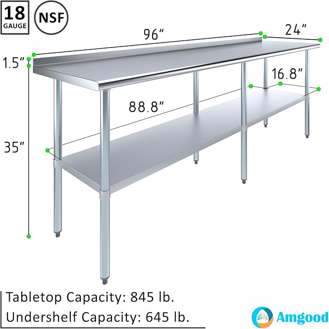 AmGood Stainless Steel Work Table with 1.5" Backsplash | Metal Kitchen Food Prep Table | NSF (96" Long x 24" Deep)