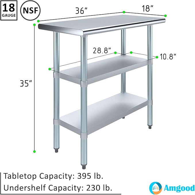 AmGood Stainless Steel Work Table with 2 Shelves | NSF | Metal Utility Table (36" Long x 18" Deep)