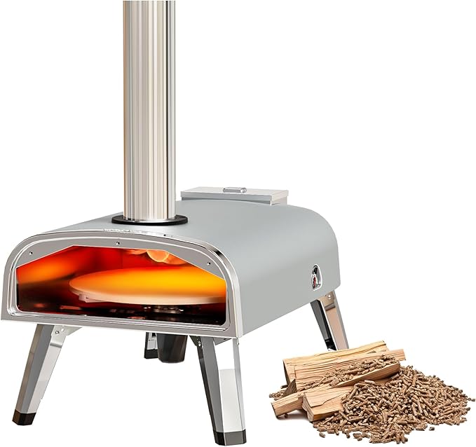 Outdoor Pizza Oven 12" Wood Pellet Pizza ovens With Rotatable Round Pizza Stone Portable Wood Fired with Built-in Thermometer Pizza Stove for Outside Backyard Camping Picnics (Grey-revolving)