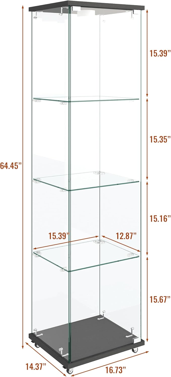 Yoluckea 4-Shelf Glass Display Cabinet with LED Lights, 1-Door Floor Standing Curio Cabinet with Universal Wheel for Home or Office, Black Glass Bookshelf for Collections, Decor, and Corner Display