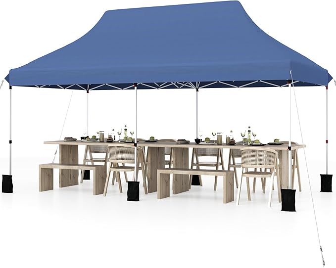 Tangkula 10x20 Ft Pop Up Canopy, Instant Setup Tent with 6 Sandbags, 12 Stakes & 6 Ropes, UPF 50+ Portable Outdoor Canopy Tent with Carrying Bag for Camp, Beach, Patio (Blue)