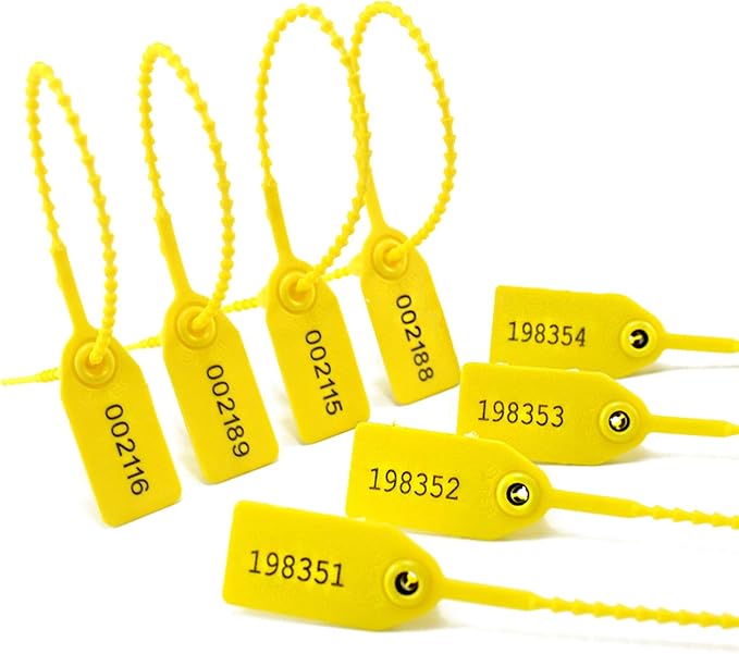 100 Plastic Tamper Seals, Zip Ties for Fire Extinguishers Pull Tite Security Tags Numbered Disposable Self-Locking Tie 250mm Length (Yellow)