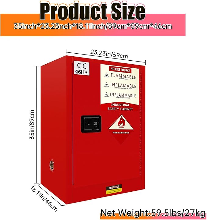 40 Gallon Flammable Cabinet, 23" x 18" x 36" Red All-Welded Steel Chemical Safety Cabinet with Adjustable Shelf, Manual Close & 3-Point Locking for Manufacturing Workshops, Lab & Auto Repair Shops